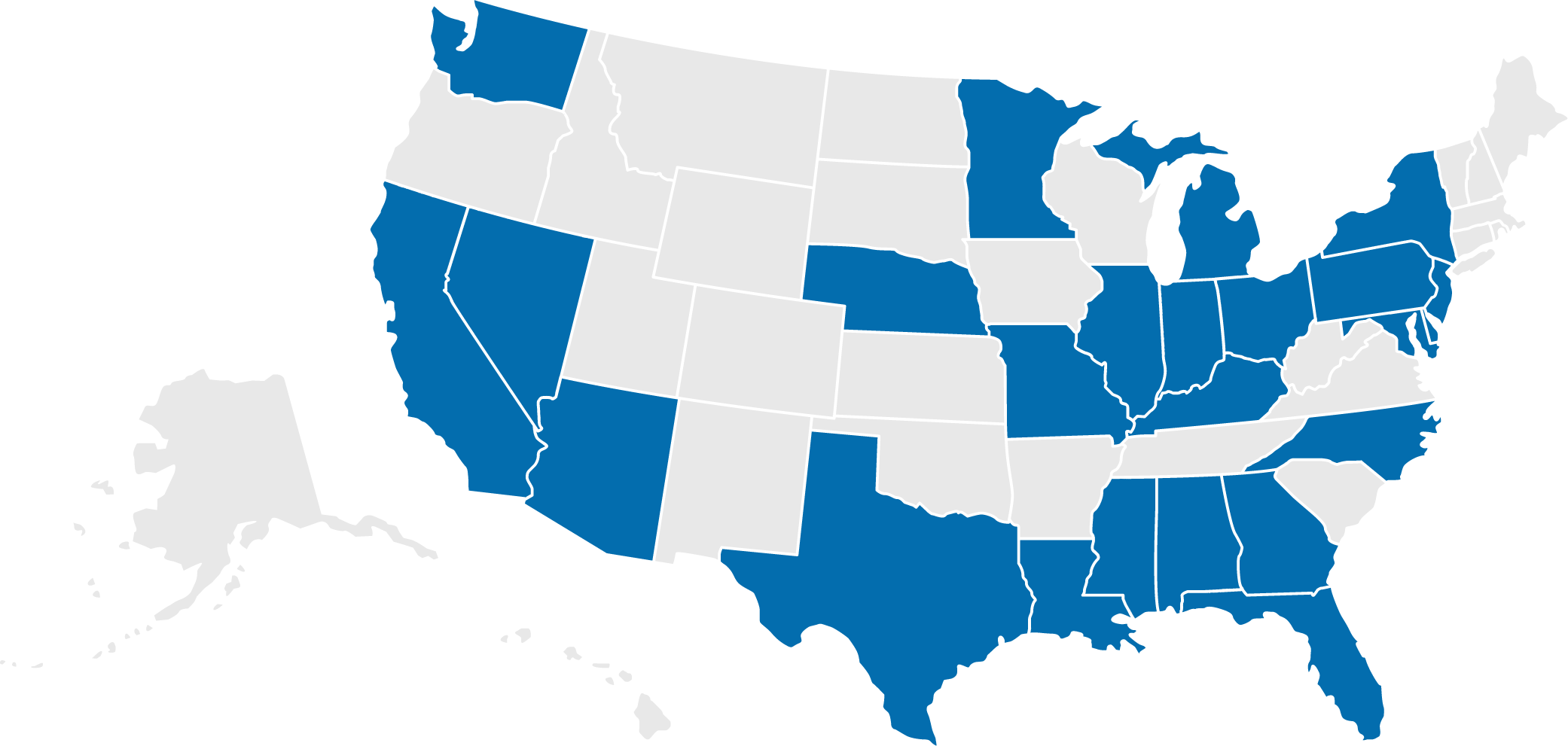 Map shows states we work in highlighted in blue. 